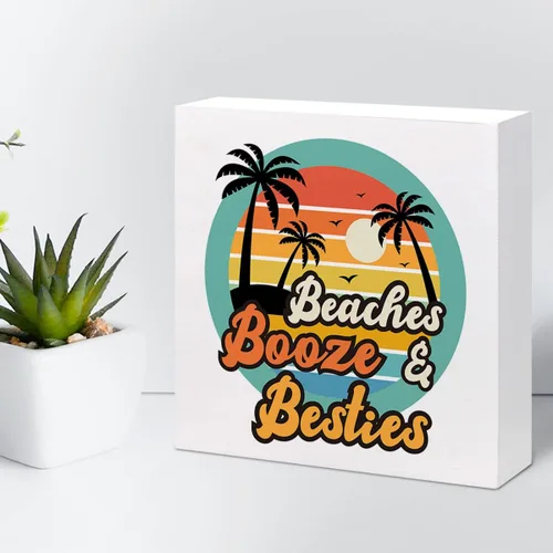 Miniatura 6 de Decoración de escritorio de verano, Beaches Bozze and Besties Retro Sunset de madera de doble cara para decoración de escritorio, caja de madera