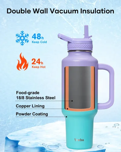 Miniatura 2 de Trebo Botella de agua de 40 onzas con aislamiento que cabe en portavasos de automóvil con asa, botellas de agua de acero inoxidable vaso con tapas