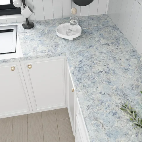 Miniatura 3 de VEELIKE Papel de contacto de mármol azul crema para encimeras, impermeable, para despegar y pegar, papel tapiz de mármol brillante para cocina, 15.7
