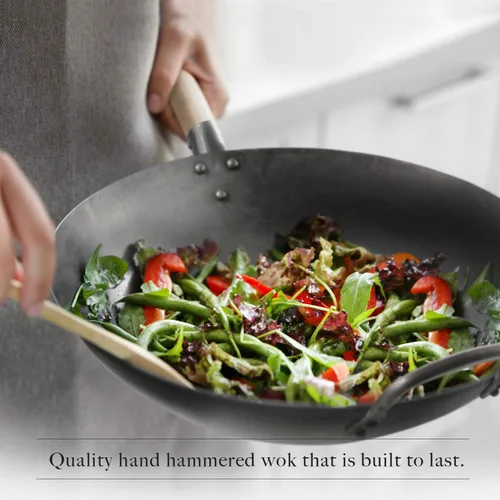 Miniatura 5 de Sartén wok de acero al carbono de fondo plano, auténticos woks martillados a mano y sartenes para freír - Wok Pow Wok de 14 pulgadas