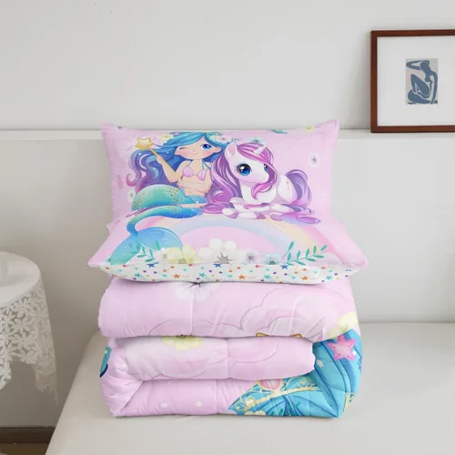 Miniatura 4 de Erosebridal Edredón de sirena azul para niñas, ropa de cama de unicornio lindo de 3 piezas para niños, juegos de ropa de cama y colecciones