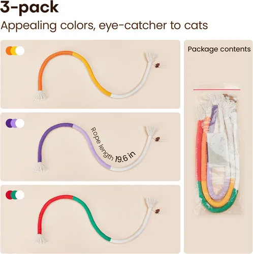 Miniatura 6 de Potaroma Juguetes para gatos con cuerdas para masticar 3 piezas con hierba gatera natural recargable, juguete seguro para limpieza de dientes
