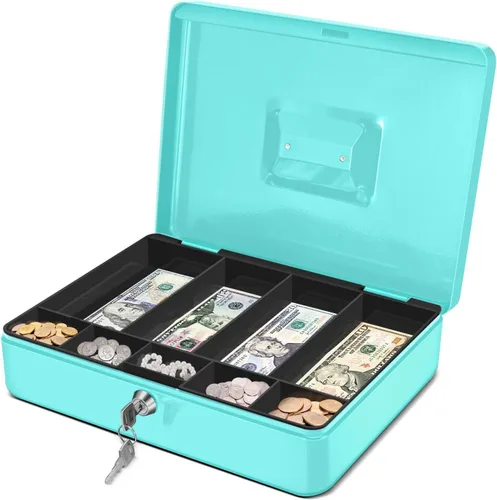 Miniatura 11 de Caja de Dinero Flexzion con Bandeja de Dinero y Cerradura - Caja de Dinero de Metal para Pequeñas Empresas, Caja de Dinero Negra de 9 Compartimentos