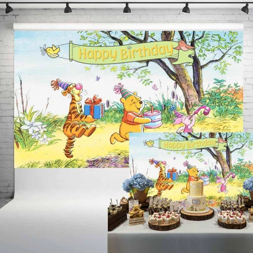 Fondo de acuarela Pooh Bear para primer cumpleaños, fondo de árbol de primavera de Winnie y amigos, decoración de segundo cumpleaños para niños y