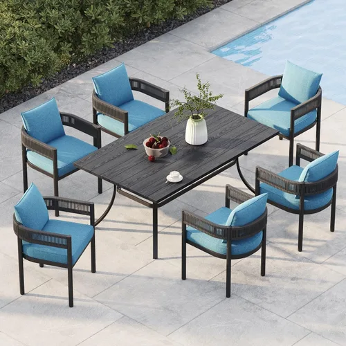 Miniatura 21 de Juego de comedor al aire libre Grand Patio de 5 piezas para 4, sillas de patio fijas de mimbre tejido metálico con cojines engrosados y 1 mesa