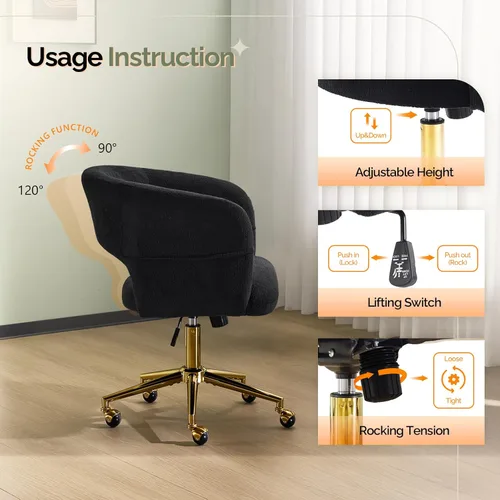 Miniatura 7 de VINGLI Silla Moderna Curvada de Oficina y Tocador, Linda Silla Tapizada con Tachuelas con Ruedas y Giro de 360° y Estilo Club e Inclinación y Base