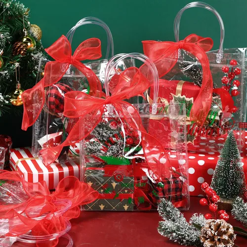 Miniatura 6 de Paterr 36 Bolsas de Regalo Transparentes de Navidad con Cinta, Bolsas de Favor de Fiesta Transparentes Reutilizables con Asas, Bolsas de Regalo