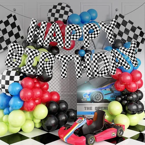 Miniatura 4 de Globo de cartel de feliz cumpleaños con temática de auto de carreras, decoración de fiesta de carreras a cuadros en blanco y negro, suministros