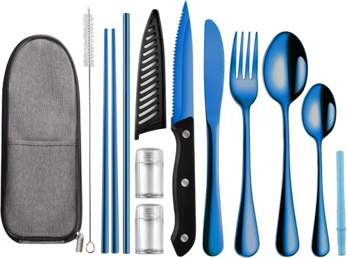 Juego de utensilios de viaje portátiles, utensilios reutilizables, juego de cubiertos para viaje y camping, juego de cubertería de acero inoxidable