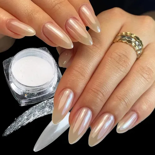 Miniatura 3 de 12 frascos de polvo de uñas cromado, perla blanca, holográfico, efecto degradado, polvo metálico aurora, polvo iridiscente perlado, polvo