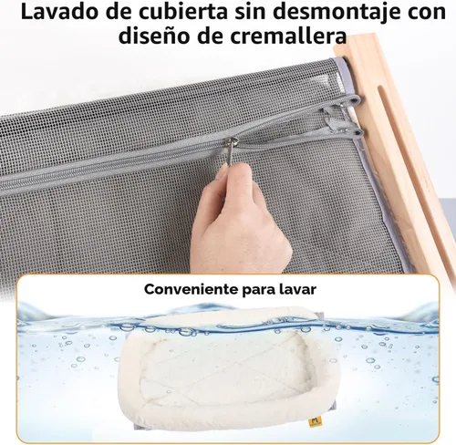 Miniatura 2 de AMOSIJOY Asiento de hamaca resistente para gatos con funda de cama acolchada, marco de madera y metal para gatos grandes, fácil de ajustar, alféizar
