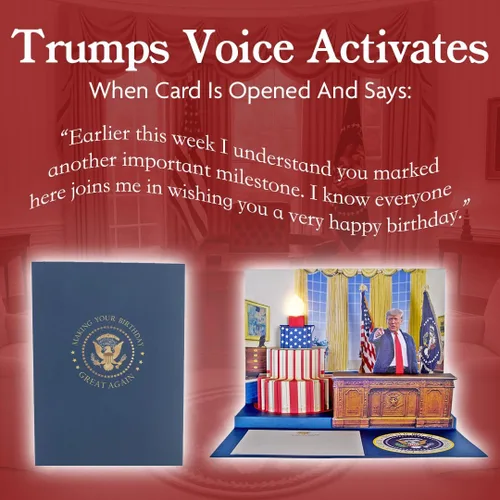 Miniatura 5 de Donald Trump - Tarjeta de cumpleaños desplegable con voz real, luces y música, reproduce "Hail to the Chief" en oficina ovalada 3D, divertida