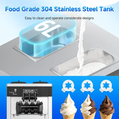 Miniatura 5 de Máquina de Helado de Servicio Suave, Rendimiento de 28 QT/H, 2450W, Máquina de Helado Comercial de Encimera con Tolva de 2x6L, 3 Dispensadores