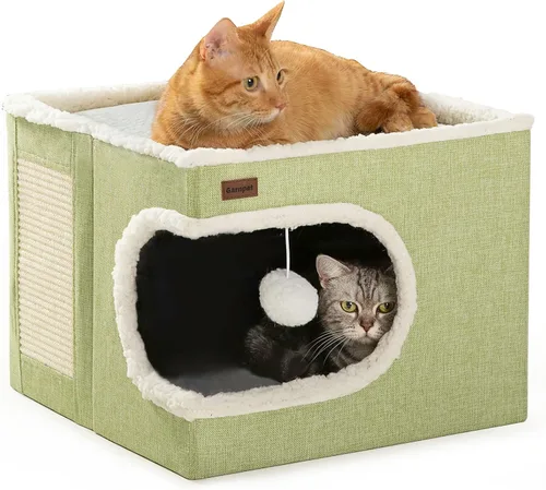 Miniatura 8 de Garnpet Cama para Gatos de Interior Casa Cubo, Camas de Cueva para Gatos Cubierta y Muebles con Almohadilla Rascadora y Tienda Refugio, Lindo Gris