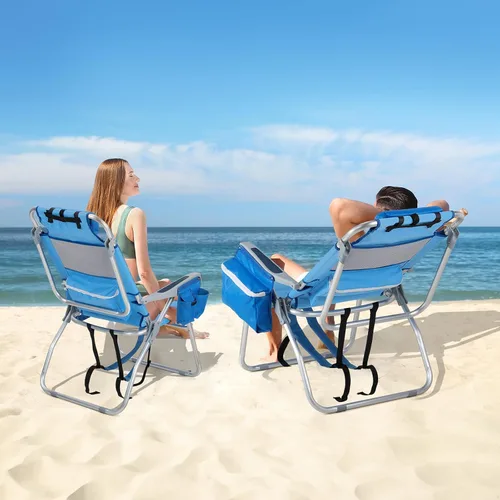 Miniatura 2 de VINGLI Silla de Playa Alta Paquete de 2 Ligera, Silla de Playa Tipo Mochila para Adultos con 5 Posiciones, Bolsa Refrigeradora, Portavasos, Barra