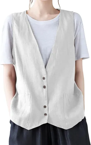 Miniatura 14 de COTECRAM Chaleco de lino de algodón para mujer, casual, sin mangas, con botones, ligero, para verano, holgado, ropa de abrigo