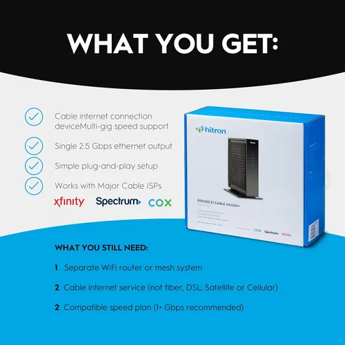 Miniatura 2 de Hitron CODA56 Módem de Internet por Cable SOLO - DOCSIS 3.1 2.5 Gbps SIN WiFi - Requiere Router Compatible con Xfinity/Spectrum/Cox NO