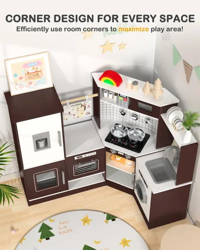 Miniatura 7 de Babytronic Juego de Cocina de Juguete de Madera de Esquina para Niños con Luces y Sonidos, Set de Cocina de Juguete con Estufa, Microondas, Máquina
