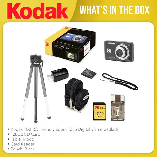 Miniatura 7 de Kodak PIXPRO FZ55 Cámara digital (negro) Zoom amigable con tarjeta SD de 128 GB, lector de tarjetas, trípode y bolsa (5 artículos)