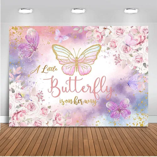 Mocsicka Telón de fondo floral de mariposa para baby shower, acuarela rosa y morado floral, A Little Butterfly is On Her Way Girl Baby Shower