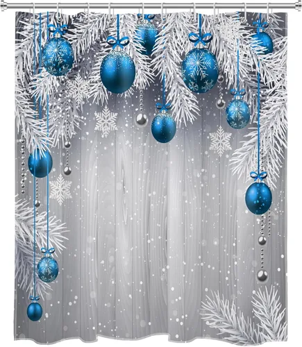 EOBTAIN Cortina de ducha vintage de Navidad para baño, bolas de Navidad azules y ramas de pino blanco con 10 ganchos, tablero de madera gris