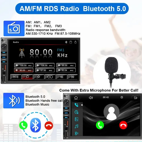 Miniatura 4 de Estéreo de auto de doble DIN de 7 pulgadas para Carplay inalámbrico y Android Auto, audio de coche con pantalla táctil HD de 1024 x 600, enlace