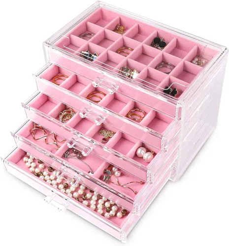 Frebeauty Organizador de joyas de acrílico, caja organizadora de aretes con 5 cajones, organizador de aretes con bandejas de terciopelo, caja de
