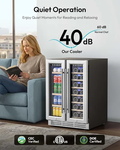 Miniatura 5 de EUHOMY Refrigerador de vino y bebidas, enfriador de vino de doble zona de 24 pulgadas con puerta de vidrio que contiene 21 botellas y 88 latas