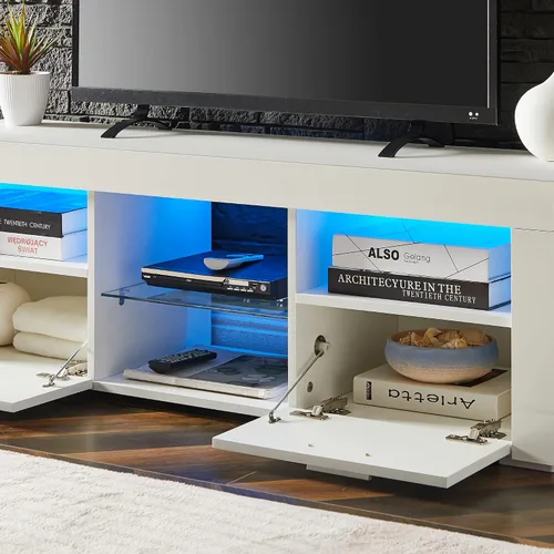 Miniatura 7 de Soporte de TV LED para consolas multimedia, estante de exhibición con estante abierto y cajones, soporte de TV moderno para televisores