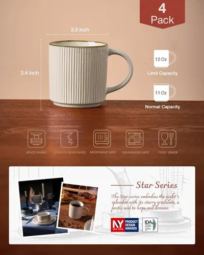 Miniatura 4 de famiware Star - Juego de tazas de café para 4 unidades, 12 onzas, con asa, para café, té, cacao, leche, cerámica, color blanco Blanco (Star-White)