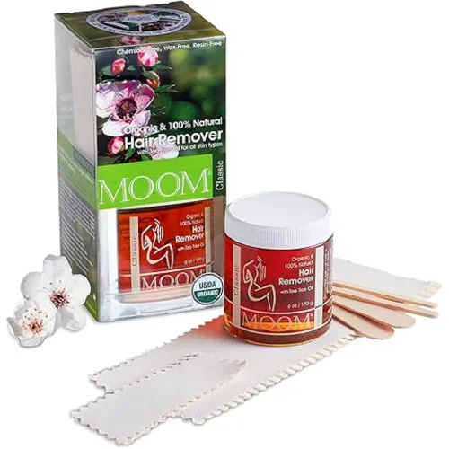 MOOM - Kit de depilación de cera de azúcar orgánica para axilas, cara y bikini, infundido con aceite de árbol de té, incluye tiras de cera y