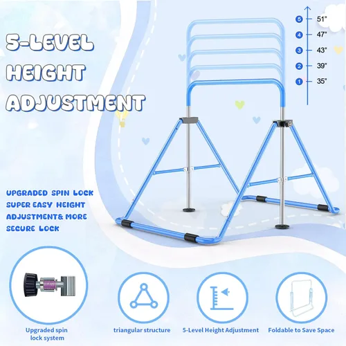 Miniatura 3 de Safly Fun Foldable Gymnastics Bar for Kids, Adjustable 35"-51", Sturdy 145 lbs Capacity, Easy-to-Assemble, Gymnastics Equipment for Kids for Azul