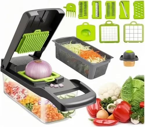 Miniatura 3 de Picadora de verduras 14 en 1 con recipiente, picadora de cebolla, cortadora y ralladora, picadora de alimentos con cuchillas de acero inoxidable