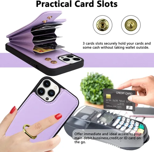Miniatura 4 de Funda tipo cartera compatible con iPhone 13 Pro con soporte para tarjetas, rotación de 360º, soporte de anillo de dedo con función atril, protección