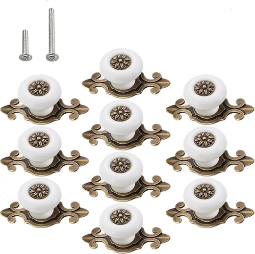 HUAMULAN Paquete de 10 Pomos de Cerámica Retro, Tiradores Vintage para Cómoda Cocina con Pétalos para Gabinete, Base de Aleación de Zinc, Placa
