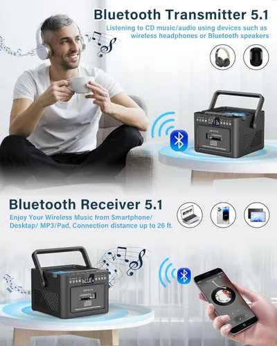 Miniatura 3 de Boombox Reproductor de CD y Casete Bluetooth5.1 con batería de 5000 mAh, altavoces estéreo duales de 5 W, reproductor de CD recargable con radio FM