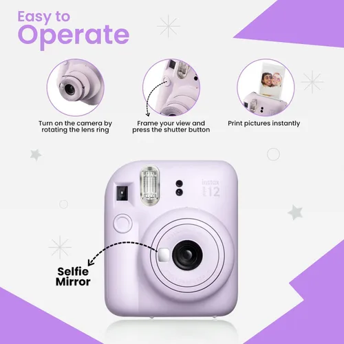 Miniatura 4 de FUJIFILM INSTAX Mini 12 Holiday Bundle 2025 con película extra Instax Mini + 4 pilas AA y paño de limpieza de microfibra Sunshine Photo