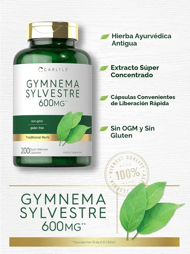 Miniatura 3 de Carlyle Gymnema Sylvestre Cápsulas 600 mg 200 unidades Suplemento sin OMG y sin gluten