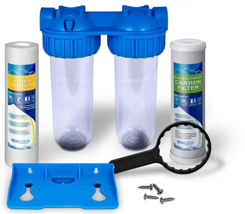 Sistema de filtro de agua dual para toda la casa, carcasas estándar transparentes, botón de alivio de prensatelas, puerto de latón de entrada/salida