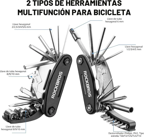 Miniatura 2 de ROCKBROS Kit de herramientas para bicicleta 16 en 1 – Multifunción – Herramienta portátil y plegable para ciclismo con llave Allen, palancas