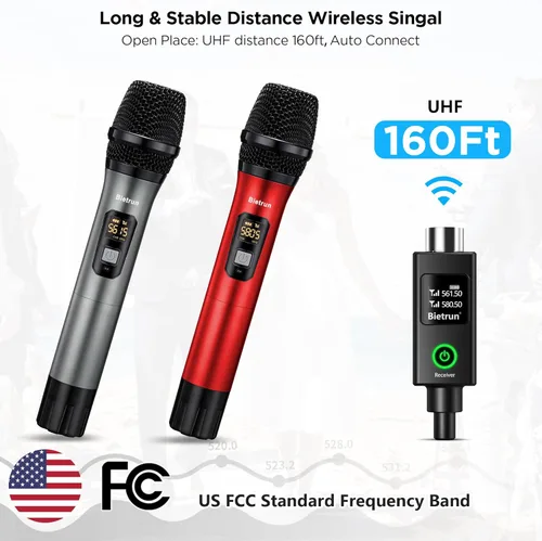 Miniatura 2 de Bietrun Micrófono Inalámbrico XLR, Conjunto de Micrófono Dinámico de Metal Portátil Dual UHF con Receptor Recargable, Adaptador XLR a 1/4