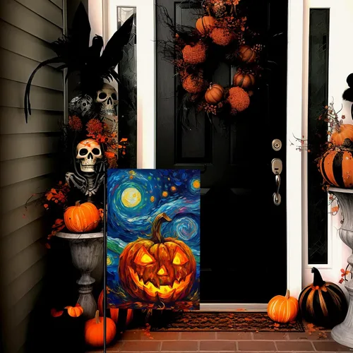 Miniatura 4 de Bandera de jardín de Halloween, bandera de jardín de calabaza Van Gogh, banderas de jardín, artes, cielo nocturno estrellado, luna, bandera