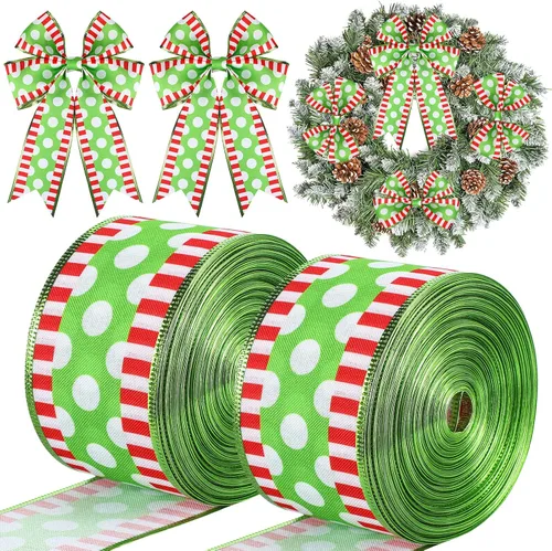 Miniatura 7 de 2 rollos de cinta de Navidad en espiral con puntos con alambre con rayas, envoltura de tela colorida, cintas decorativas de Navidad para suministros