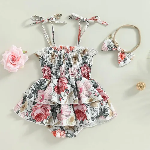 Miniatura 30 de Mameluco para bebés y niñas de 3, 6, 9, 12, 18 meses, enterizo de manga corta, fruncido, faldas y dobladillo, diadema