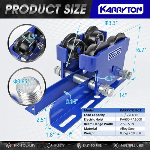 Miniatura 2 de Carro I-Beam de 1 tonelada/2200 libras para alzamiento eléctrico, carro manual ajustable que se adapta a brida de haz de 2.5 a 5 pulgadas, carro