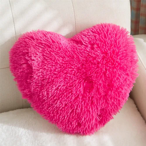 MOOWOO Almohada de corazón esponjosa de felpa, almohadas peludas para regalos, color sólido, cierre de cremallera, decoraciones de Navidad, Rosa Rojo