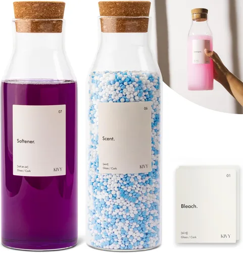 KIVY Dispensador de detergente de vidrio para ropa + etiquetas [Juego de 2] tarros de vidrio para decoración de organización de lavandería, cuentas