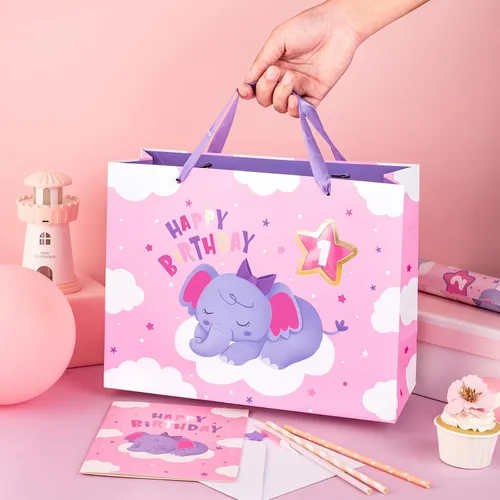Miniatura 5 de WRAPAHOLIC Bolsa de regalo grande de 13 pulgadas con tarjeta y papel de seda, adorable bolsa de regalo de elefante para bebé, baby shower, fiesta