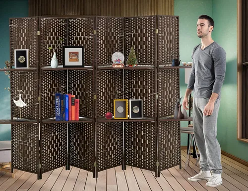 Miniatura 7 de Separadores de habitación de madera de 4 paneles con estantes, pantallas de privacidad plegables, pantalla de partición portátil, 6 pies de alto