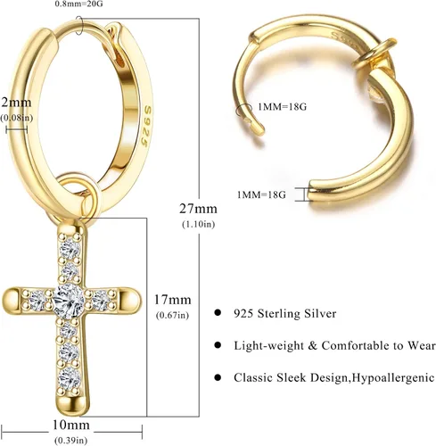 Miniatura 2 de Milacolato Aretes de plata de ley 925 con cruz para hombres y mujeres, delicados aretes de aro con circonita cúbica, aretes colgantes de cruz